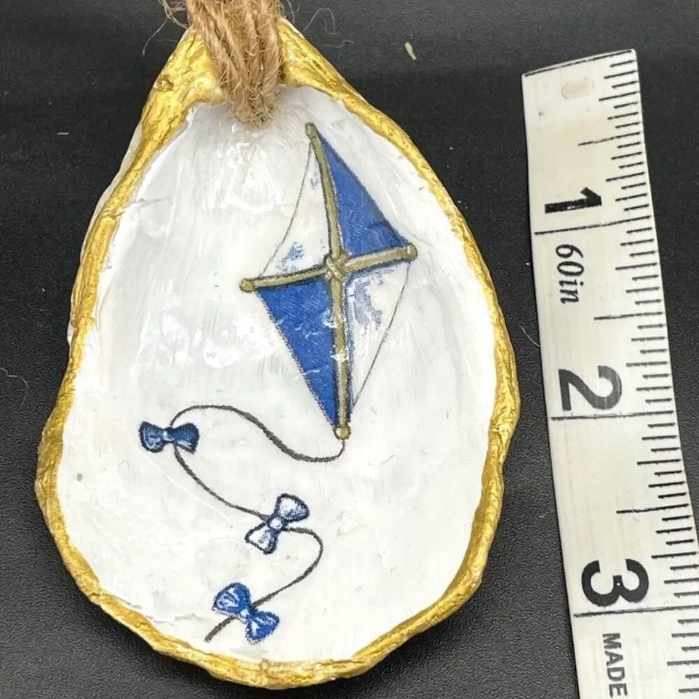 Decoupage Oyster Shell Ornament Decoupage Trinket Dish BLUE & WHITE KITE